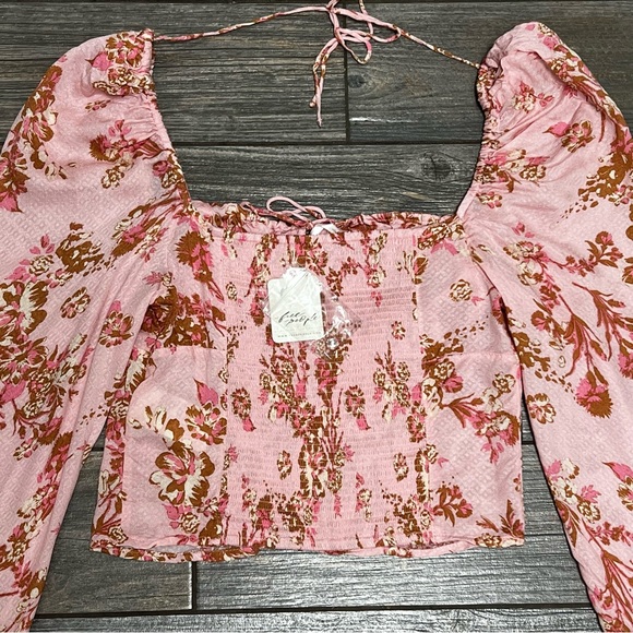NWT $98 Free People Hilary Printed Top Size Small Pink Combo Smocked Back Blouse - Picture 7 of 16